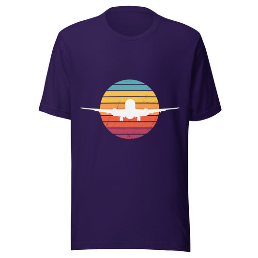 Sunset Unisex T-Shirt with Airplane Silhouette - Vintage Design for Aviation Enthusiasts