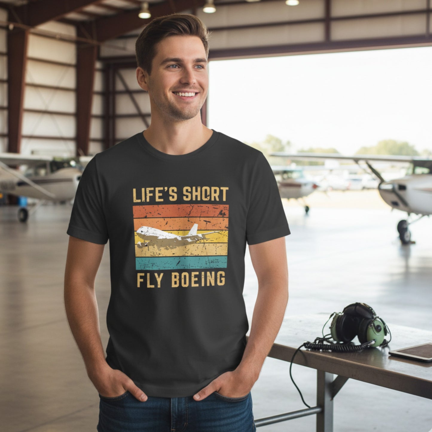 Statement Unisex T-Shirt with retro stripes & “Life's Short Fly Boeing” – your statement for aviation