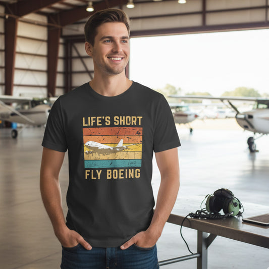Statement Unisex T-Shirt with retro stripes & “Life's Short Fly Boeing” – your statement for aviation