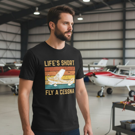 Statement Unisex T-Shirt with retro stripes & “Life's Short Fly A Cessna” – your statement for aviation