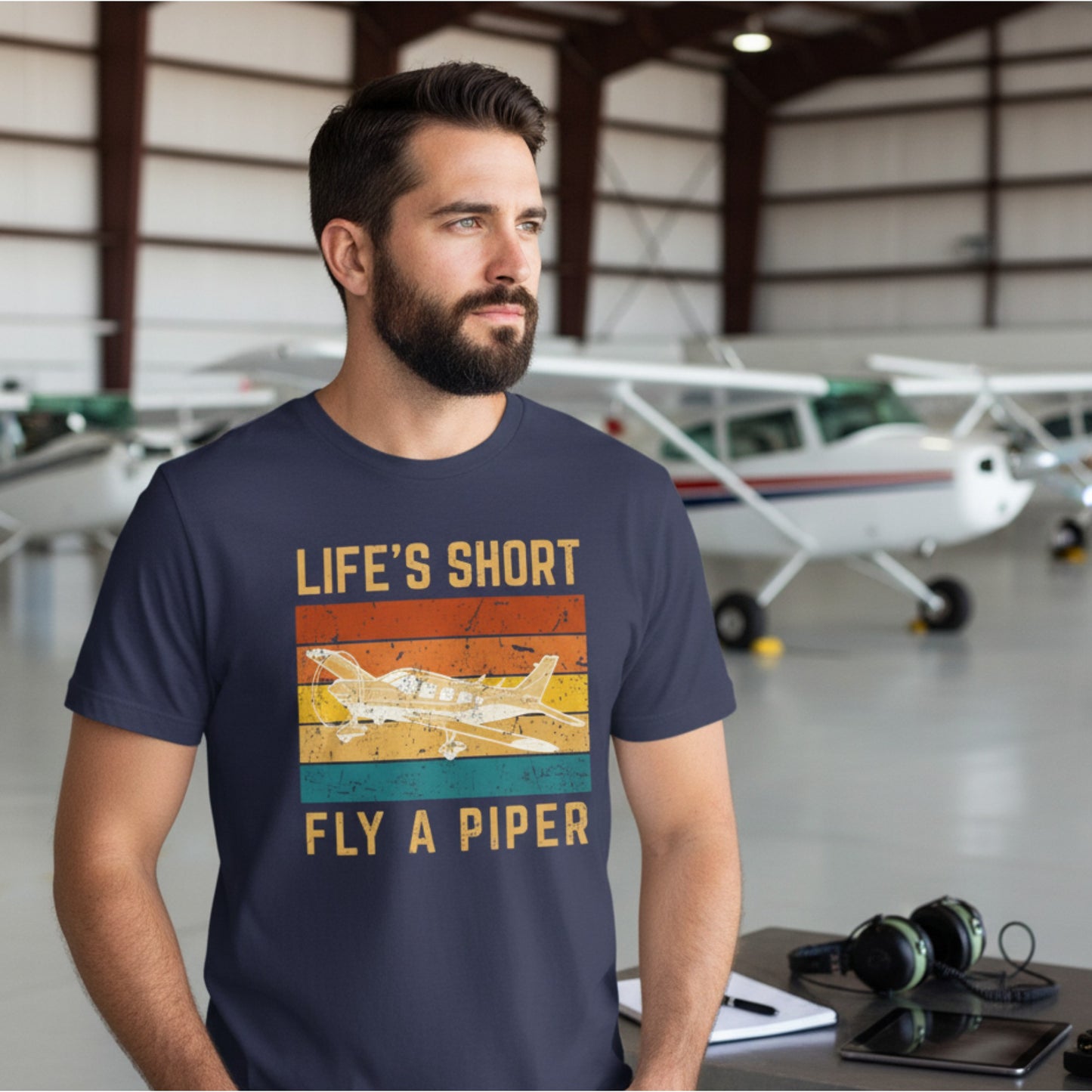 Statement Unisex T-Shirt with retro stripes & “Life's Short Fly A Piper” – your statement for aviation