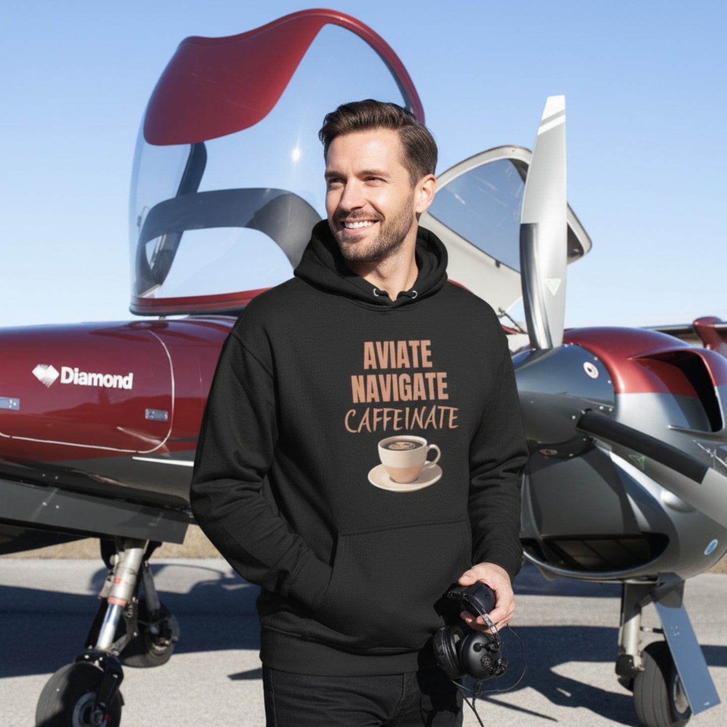 Pilots 100% organic cotton classic unisex hoodie | Fly, navigate, caffeinate. You need your coffee to fly.