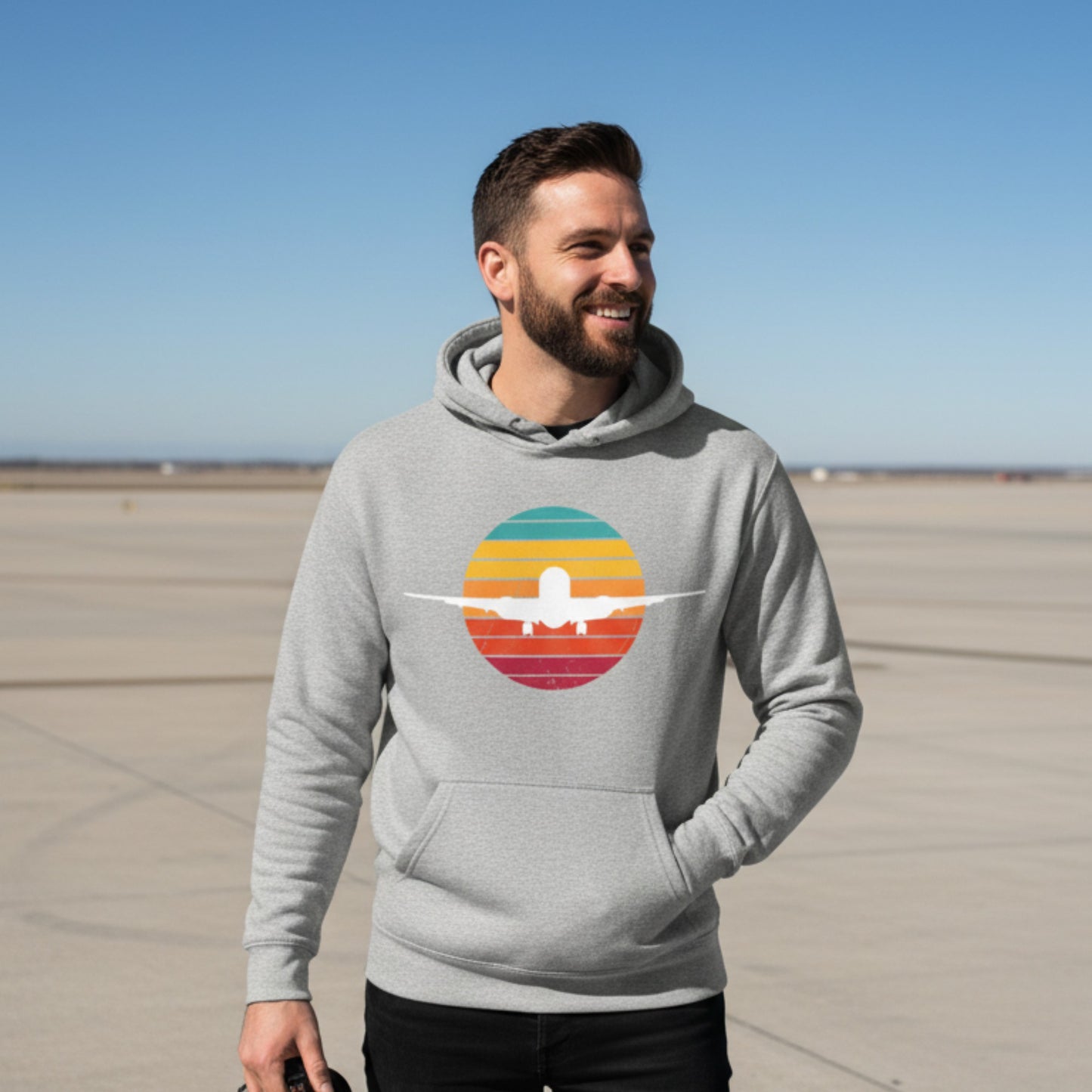 Sunset Premium Hoodie with Airplane Silhouette - Vintage Design for Aviation Enthusiasts