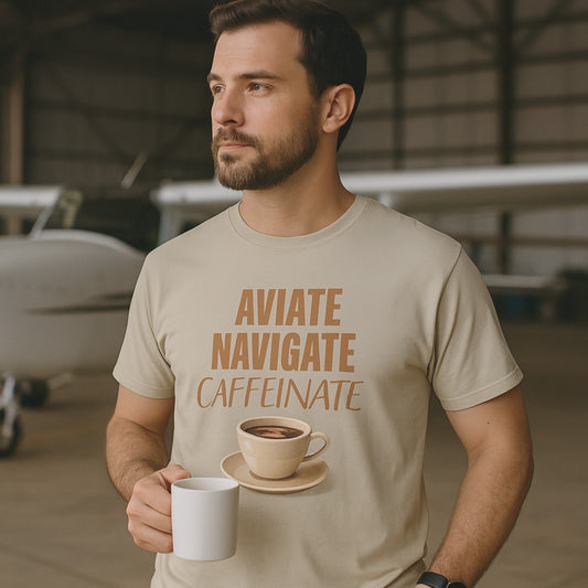 Pilot 100% Organic Cotton T-Shirt – Aviate Navigate Caffeinate. You need your coffee to fly!